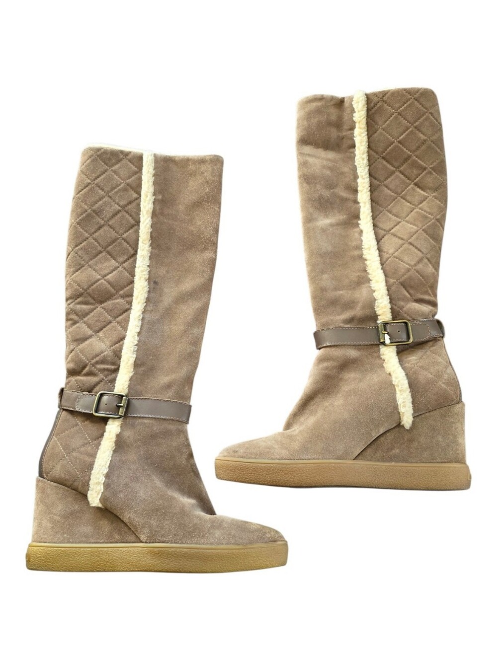 Aquatalia Callie Taupe Suede Wedge Knee Boots with Shearling Interior Size 10
